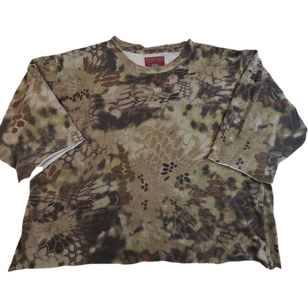 Kryptek Camo T-Shirt Mens XL Brown Highlander Tactical Cropped Raw Hem Hole